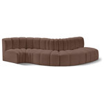 Meridian Furniture - Arc Vegan Leather Upholstered 5-Pc. S-Shaped Modular Sofa, Brown - Unleash modern opulence with the Arc Vegan Leather 5pc. Sectional. Crafted for the modern connoisseur, this Sectional injects an air of refined luxury into any space. Its sleek silhouette, upholstered in supple brown vegan leather, exudes timeless sophistication while the deep channel tufting adds textural intrigue, further elevating the chair's visual appeal. The modular design makes it a versatile chameleon, effortlessly adapting to your evolving needs and preferences. Whether you envision it gracing a chic living room corner, basking in the glow of a bedroom window, or adding a touch of drama to a home office, the Arc seamlessly complements your unique interior aesthetic.