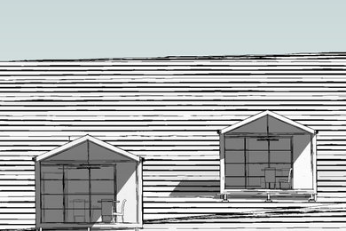 Imagen de fachada de casa contemporánea pequeña de una planta con revestimientos combinados, tejado a dos aguas y tejado de metal