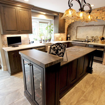 Rustic Alder Cabinets with Apron Front Farm Sink and Dekton Trillum Island