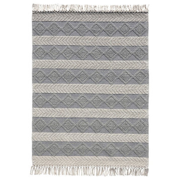 Handmade Black & White High/Low Diamond Striped Wool Tassled Rug by Tufty Home, Silver / Ivory, 2.3x9