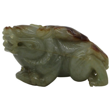 Detail Hand Carved Natural Jade Chinese Lucky Feng Foo Dog With Horn Statue