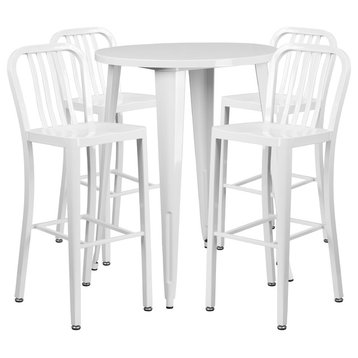 Flash Commercial 30" Round White Metal Bar Table Set & 4 Vertical Slat Stools