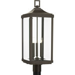 Progress Lighting - Gibbes Street 3-Light Post Lantern - Elongated frames capture the romantic charm of vintage gas lanterns. Inspired by a stroll down a Charlestonian street bearing the same name, the Gibbes Street outdoor lantern collection features clear beveled glass and an Antique Bronze finish. Wall, post and hanging lanterns complete the family.