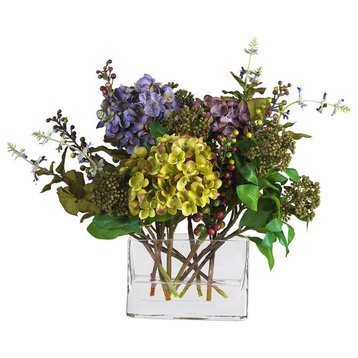 Mixed Hydrangea With Rectangle Vase Silk Flower Arrangement