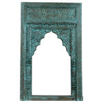 Mogul Interior - Consigned Vintage Arched Mirror Distressed Blue Wall Mirror Home Decor 51 - Introduce a touch of vintage charm to your decor with this Distressed Blue Single Arch Wooden Mirror Frame, that captures the essence of rustic elegance. Crafted from solid reclaimed wood, this mirror frame features a beautifully arched design making it a striking focal point in any room. The distressed blue finish adds character and depth, showcasing a unique patina that tells a story of age and history.
