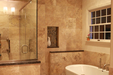 Large transitional master beige tile and ceramic tile ceramic tile and beige floor bathroom photo in Philadelphia with beige walls and a hinged shower door