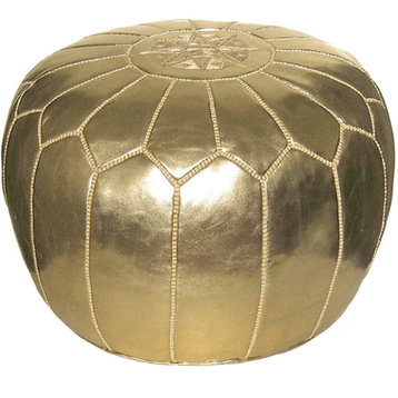 Moroccan Leather Pouf, Gold