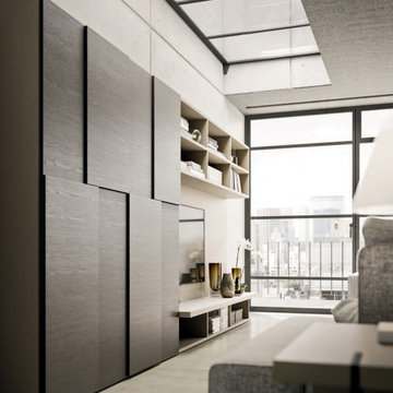 Modern beige and white living room with entertainment center