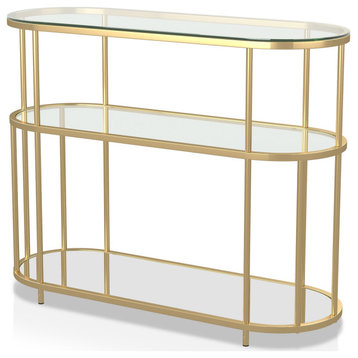 Elegant Console Table, Rounded Golden Frame With Mirrored Shelves & Glass Top