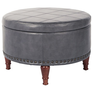 Alloway Faux Leather Storage Ottoman With Antique Bronze Nailheads, Pewter