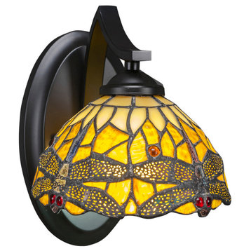 Zilo Wall Sconce, Matte Black, 7" Amber Dragonfly Tiffany Glass