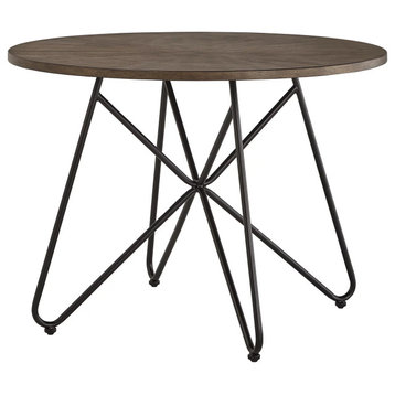 Industrial Dining Table, Black Painted Metal Legs With Round Wood Top, Walnut