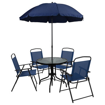 Nantucket 6 Pc Patio Garden Set -Table, Umbrella & 4 Folding Chairs-Navy