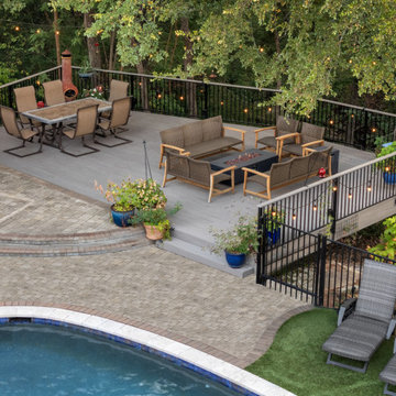 Backyard Pool and Outdoor Living with Elevated Deck & Illuminated Creek Bed