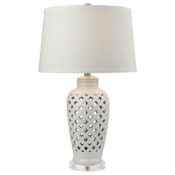 White Table Lamp Made Of Ceramic And Crystal A White Linen Shade A 3-Way Switch