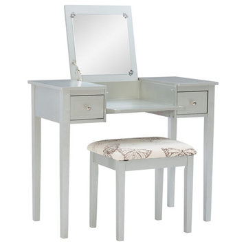 Linon Butterfly Wood Vanity & Padded Seat Stool Flip Up Mirror Storage in Silver