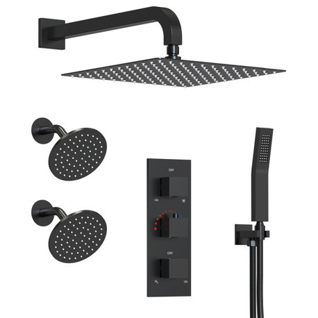 Triple Heads Thermostatic Shower Facuet with Hand Shower Spray, Matte Black, 12" X 6"