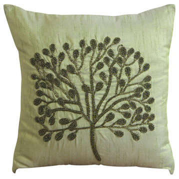 Green Art Silk 18"x18" Green Beaded Tree Pillows Cover, Green Tree