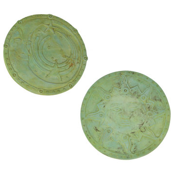 Set of 2 Green Verdigris Round Cement 10 Inch Stepping Stones Sun Moon and Star