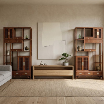 Pair Asian Inspired Asymmetrical Light Brown Shelving Display Cabinet Divider ws
