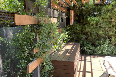 This is an example of a mid-sized eclectic drought-tolerant, privacy and full sun backyard wood fence landscaping in Los Angeles with decking for spring.