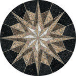Oshkosh Designs - Libra Stone & Metal Medallion, 45.5" Mounted, 3/4" Thick - The formal composition of the Libra medallion depicts the pointed rays of three layered, concentric stars within a deep black circle. The contrasting tones of the various geometric shapes create the illusion of depth and volume. Brings balance and symmetry to any home or professional space.