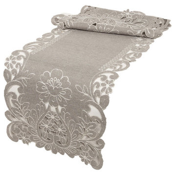 Claire Floral Embroidered Cutwork Table Runner, Gray, 16"x 54"