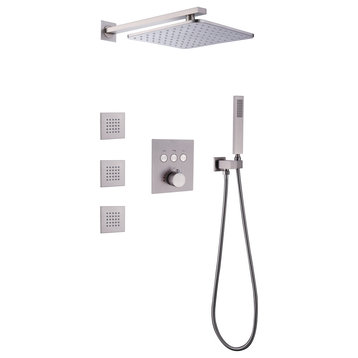 Luxury Thermostatic Complete Shower System With Rough-in Valve, Brushed Nickel