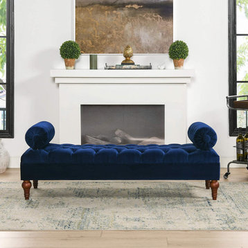 French Country Ottoman Bench, Bolster Design & Tufted Polyester Seat, Navy Blue