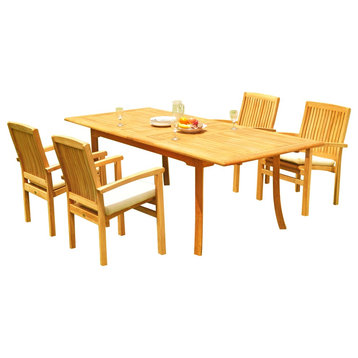 5-Piece Outdoor Teak Dining Set: 94" Rectangle Table, 4 Wave Stacking Arm Chairs