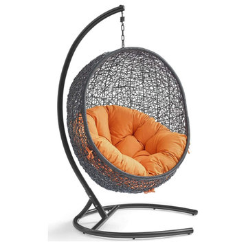 Comfortable Hanging Chair, Egg Shaped Rattan and Tufted Cushioned Seat, Orange