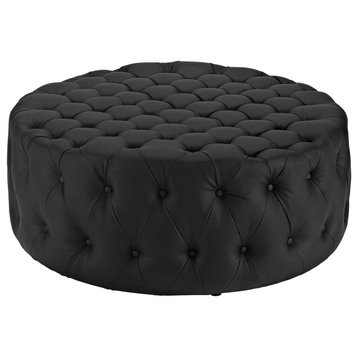 PU Leather Tufted Ottoman, Round Tufted Coffee Table, Cocktail Ottoman, Black