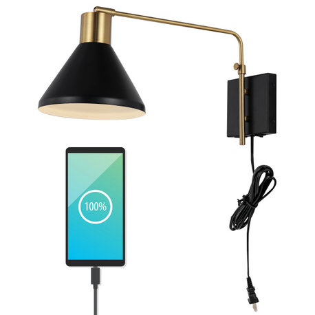 Max Swing Arm 1-Light Modern Midcentury Iron USB Charging Port LED Sconce, Black