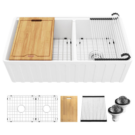 Karran 33 in. Double Bowl Workstation Fireclay Sink with Reversible Apron, White