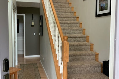 Large minimalist wooden straight wood railing and wainscoting staircase photo in Portland with painted risers