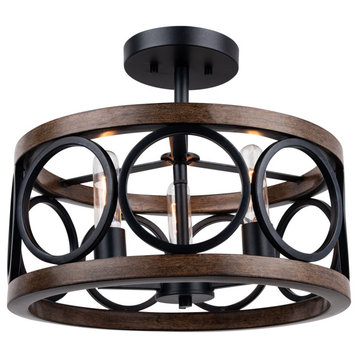 Luxury New-Traditional Ceiling Light, Matte Black and Brown Wood, ULB2131