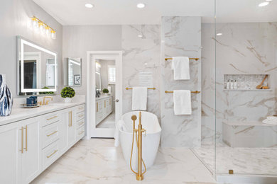 Large eclectic master white tile and porcelain tile porcelain tile, white floor and double-sink bathroom photo in San Francisco with shaker cabinets, white cabinets, a two-piece toilet, gray walls, an undermount sink, quartz countertops, white countertops, a niche and a built-in vanity