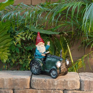 Solar Green Tractor Riding Gnome with Cool White LED Lights