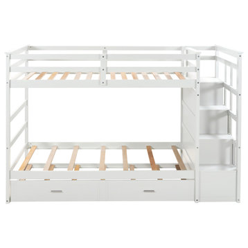 Gewnee Wood Twin Over Twin Bunk Bed with Trundle and Staircase in White