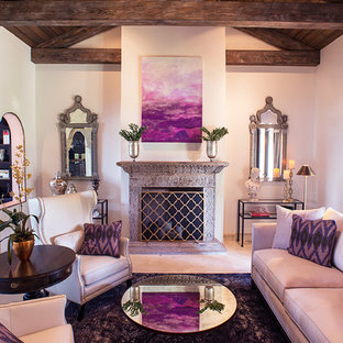 Design ideas for a large mediterranean formal open plan living room in Miami with beige walls, a standard fireplace, a stone fireplace surround and no tv.