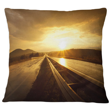 Wet After Rain Road at Sunset Landscape Printed Throw Pillow, 16"x16"
