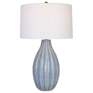 Curved Light Blue Ribbed Striped Table Lamp 28 in Ceramic Contemporary Cottage