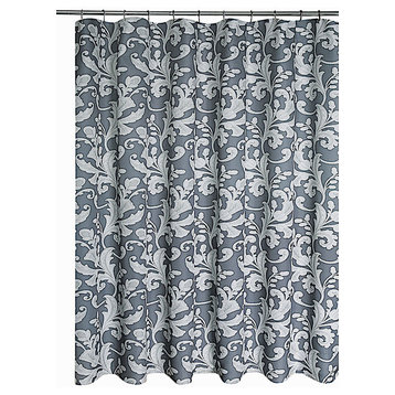 Floral Leaf Scroll Fabric Shower Curtain, Olive Green White on Gray Background