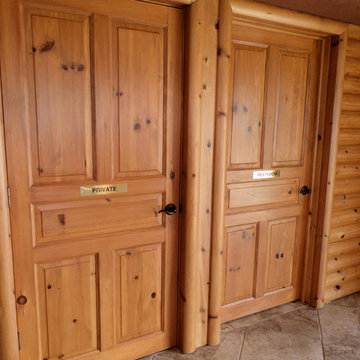 Five-panel doors made with our knotty pine paneling