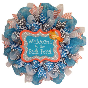 Welcome to the Back Porch Spring or Summer Deco Mesh Wreath