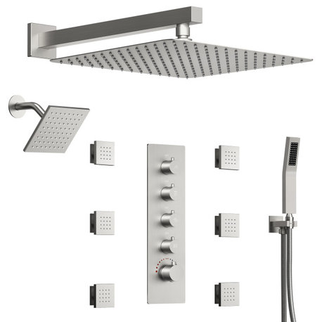 Dual Heads 16" Thermostatic Shower System With Hand Shower, Brushed Nickel