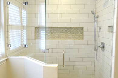 Design ideas for a large transitional master bathroom in Austin with an alcove shower, ceramic tile and ceramic floors.