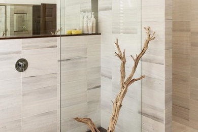 Bathroom - large rustic master white tile and stone tile dark wood floor and brown floor bathroom idea in Denver with flat-panel cabinets, medium tone wood cabinets, a wall-mount toilet, white walls, a drop-in sink and white countertops