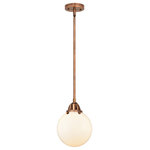 Innovations Lighting - Beacon Mini Pendant, Antique Copper, Matte White, Matte White - The Nouveau 2 is a highly detailed work of art that draws the eyes into its base and arm detail. The true show stopping piece is the beautifully curved glass shade that's sure to wow you and guests alike.