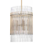 Hudson Valley Lighting - Wallis, 10 Light, Pendant, Aged Brass Finish, Clear Glass - From the side or from underneath, Wallis presents an interesting perspective. By layering glass and metal rods at staggered but even lengths in a classic drum shape, Wallis manages to feel both contemporary and familiar. At the same time, it directs light vertically and diffuses it horizontally.
